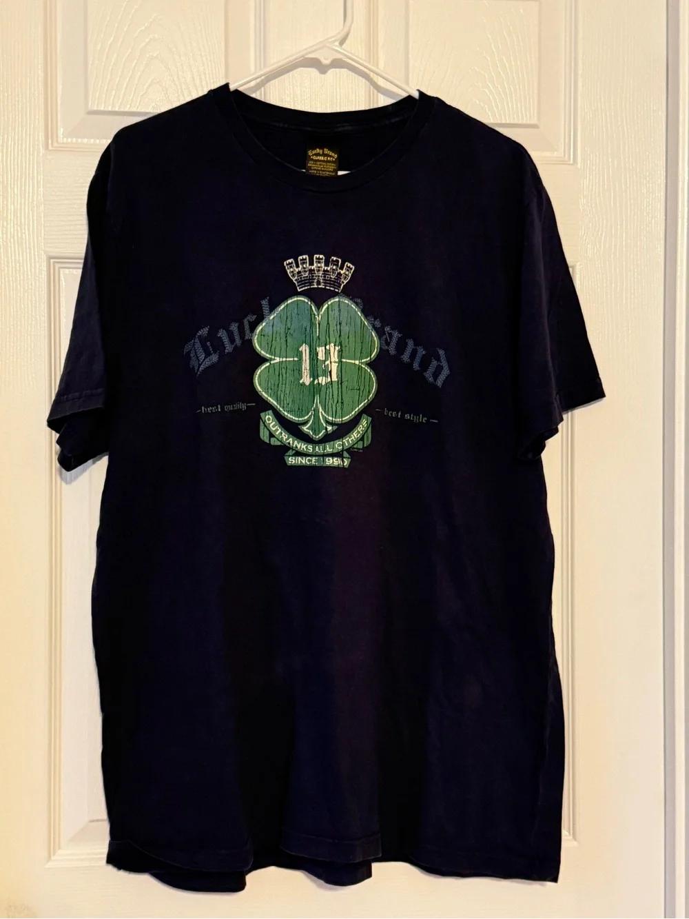 Navy Blue Lucky Brand Graphic Tee with Green Clover Crest - Men's Shirt XL
